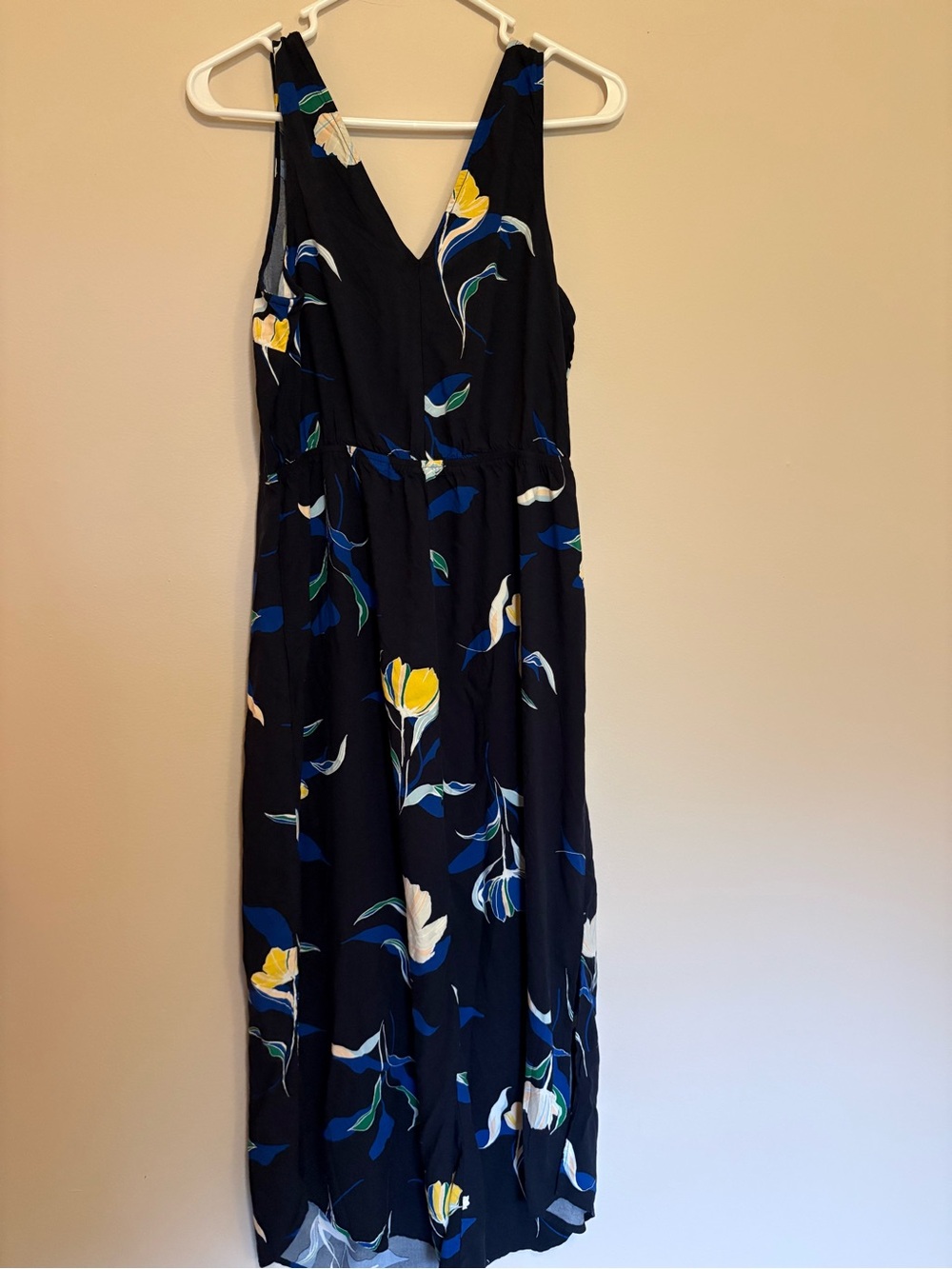 Sleeveless Black Floral V-Neck Midi Dress - Blue & Yellow Print - Picture 5 of 7
